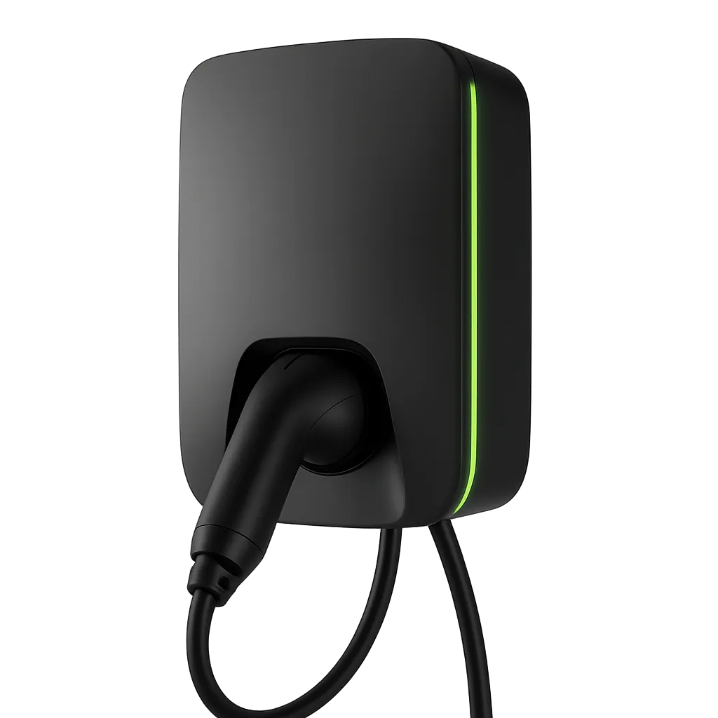 Sleek wall-mounted residential electric vehicle smart charger installed on a modern home exterior