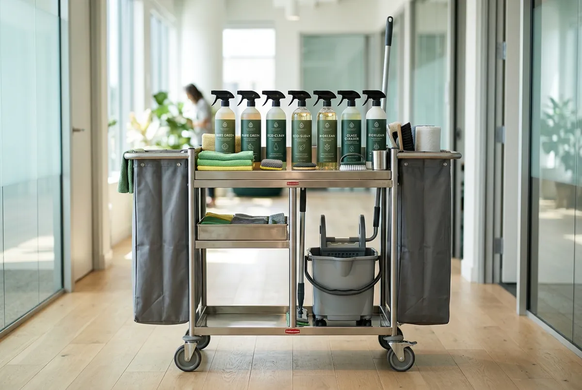 Certified eco-friendly cleaning supplies and sanitized surfaces