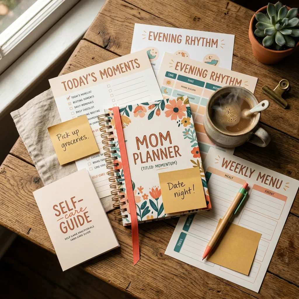A warm, aesthetic flatlay of printed mom planners, daily checklists, bedtime routines, and a warm cup of coffee on a cozy wooden table
