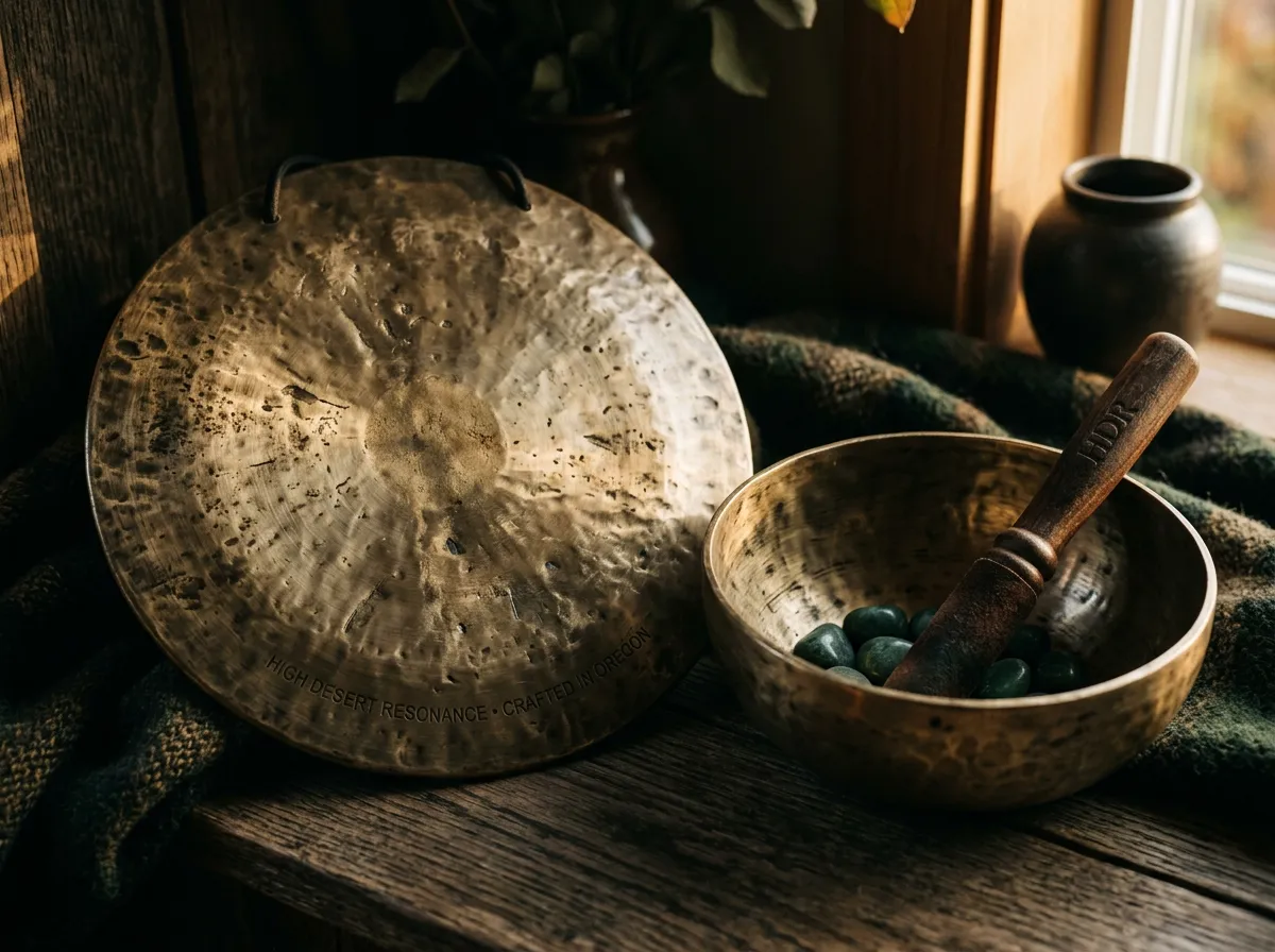Close-up macro detail of a handcrafted hammered sound gong and acoustic resonance bowl