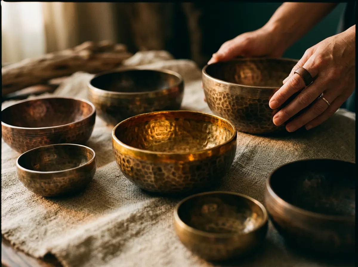 Close-up tactile textures of artisanal singing bowls and grounded organic sound space