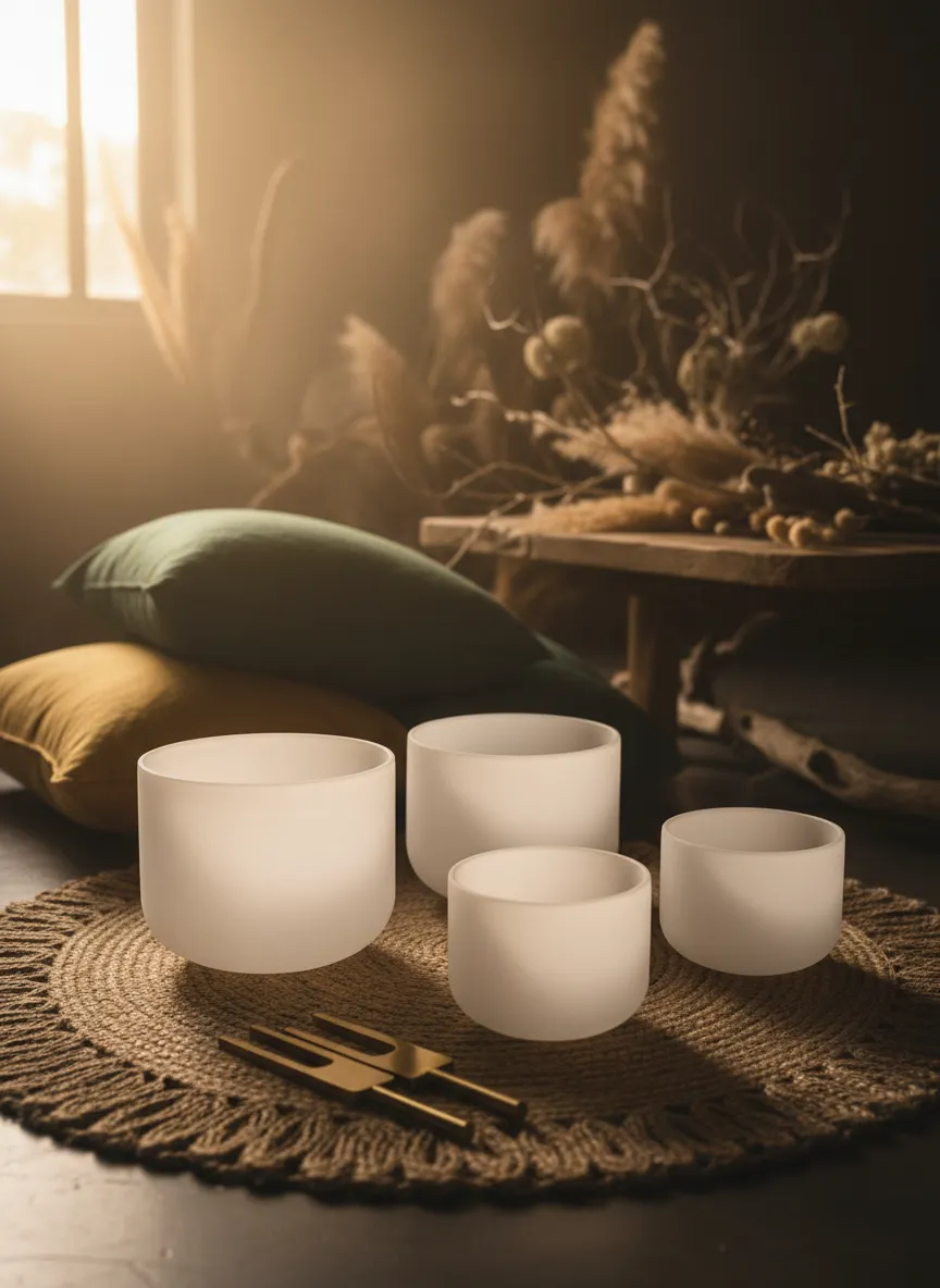 Crystal singing bowls setup in a serene natural setting