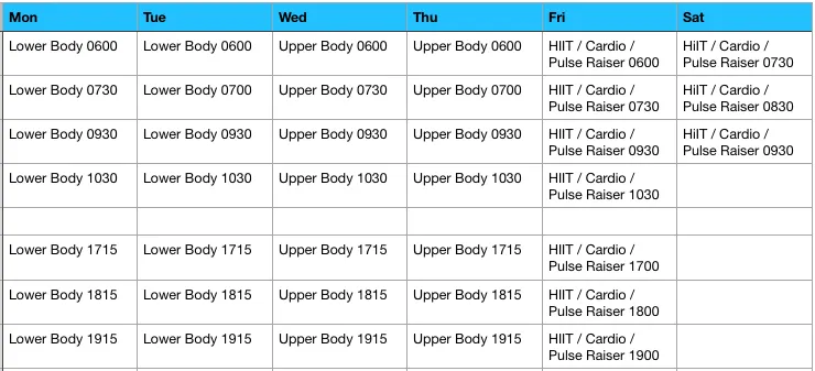 Telford Class Schedule