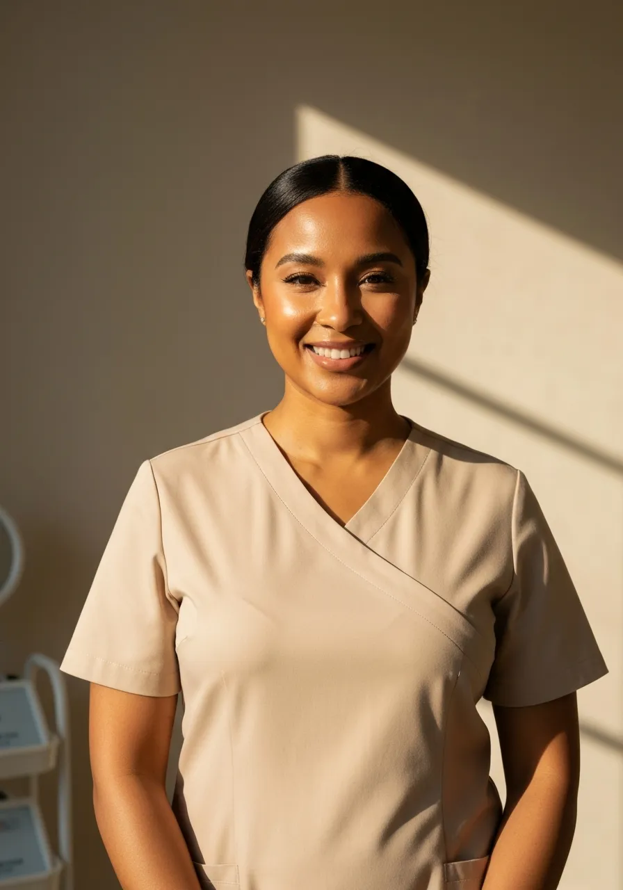 A warm, welcoming clinician in a bright, sun-kissed studio setting