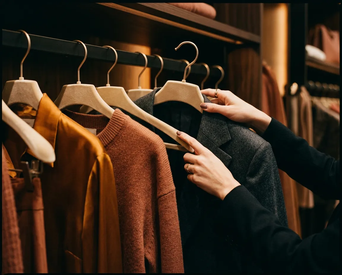 Luxuriously organized walk-in wardrobe with neutral high-fashion apparel and accessories