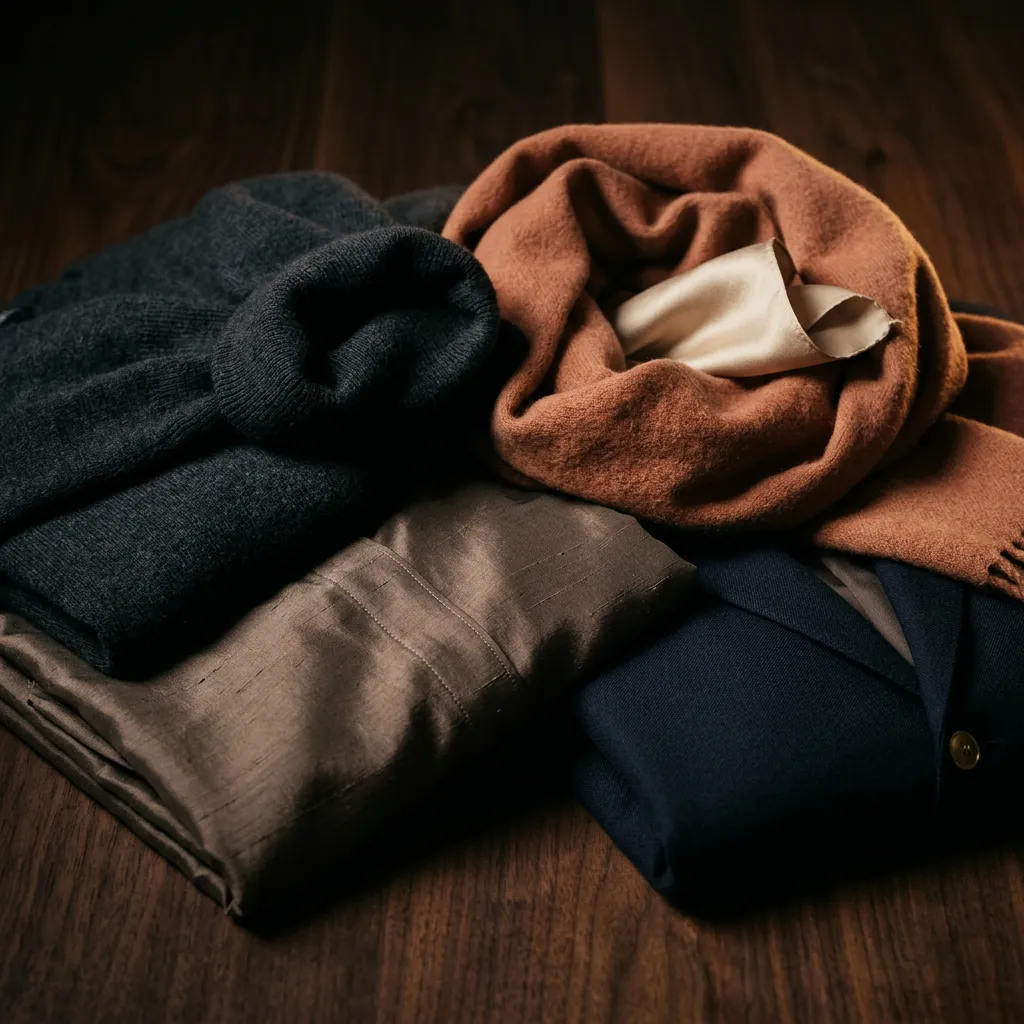 Close-up editorial composition of draped Italian cashmere, raw silk, and hand-tailored luxury garments