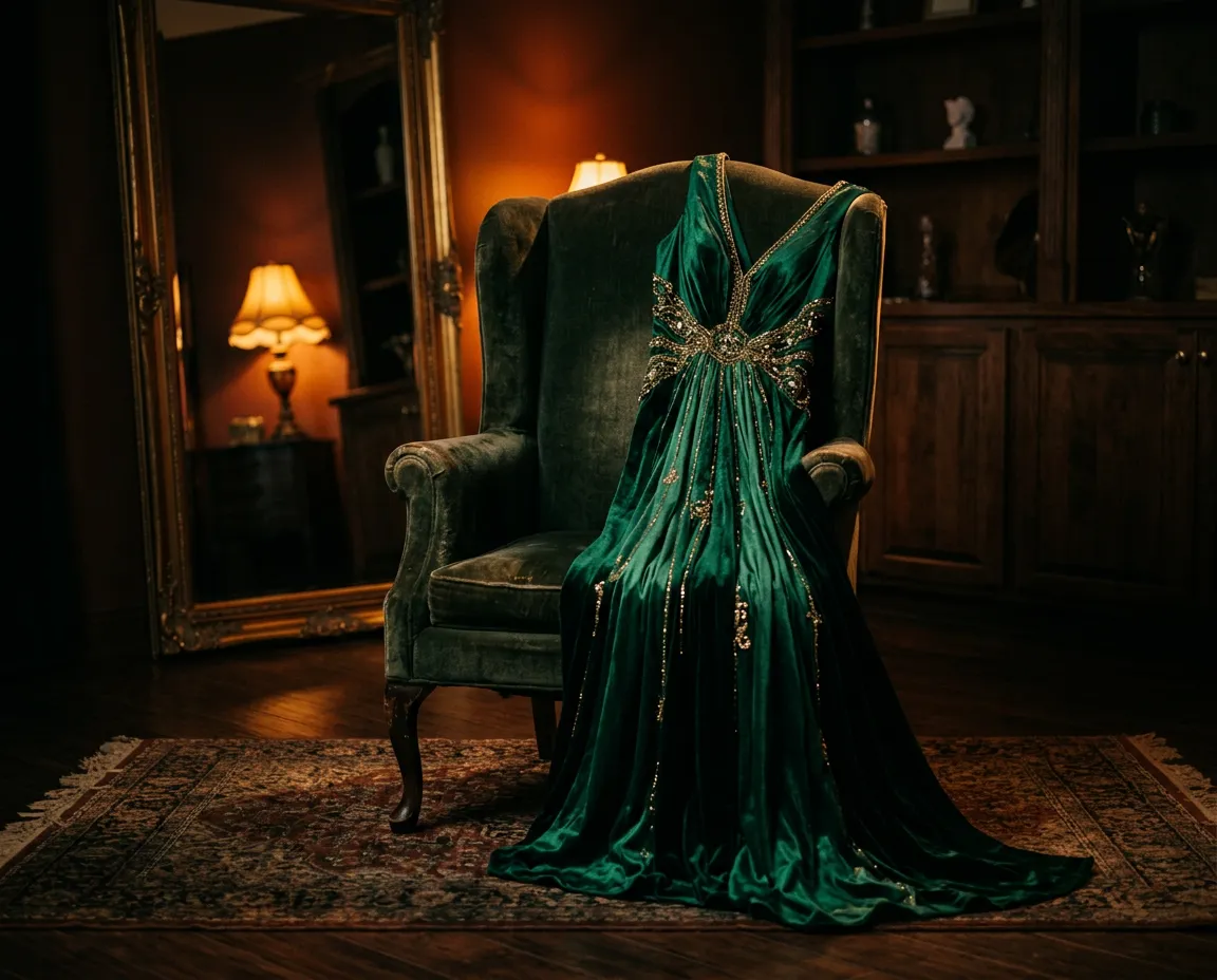 Editorial red carpet gown and evening accessories arranged with high fashion elegance