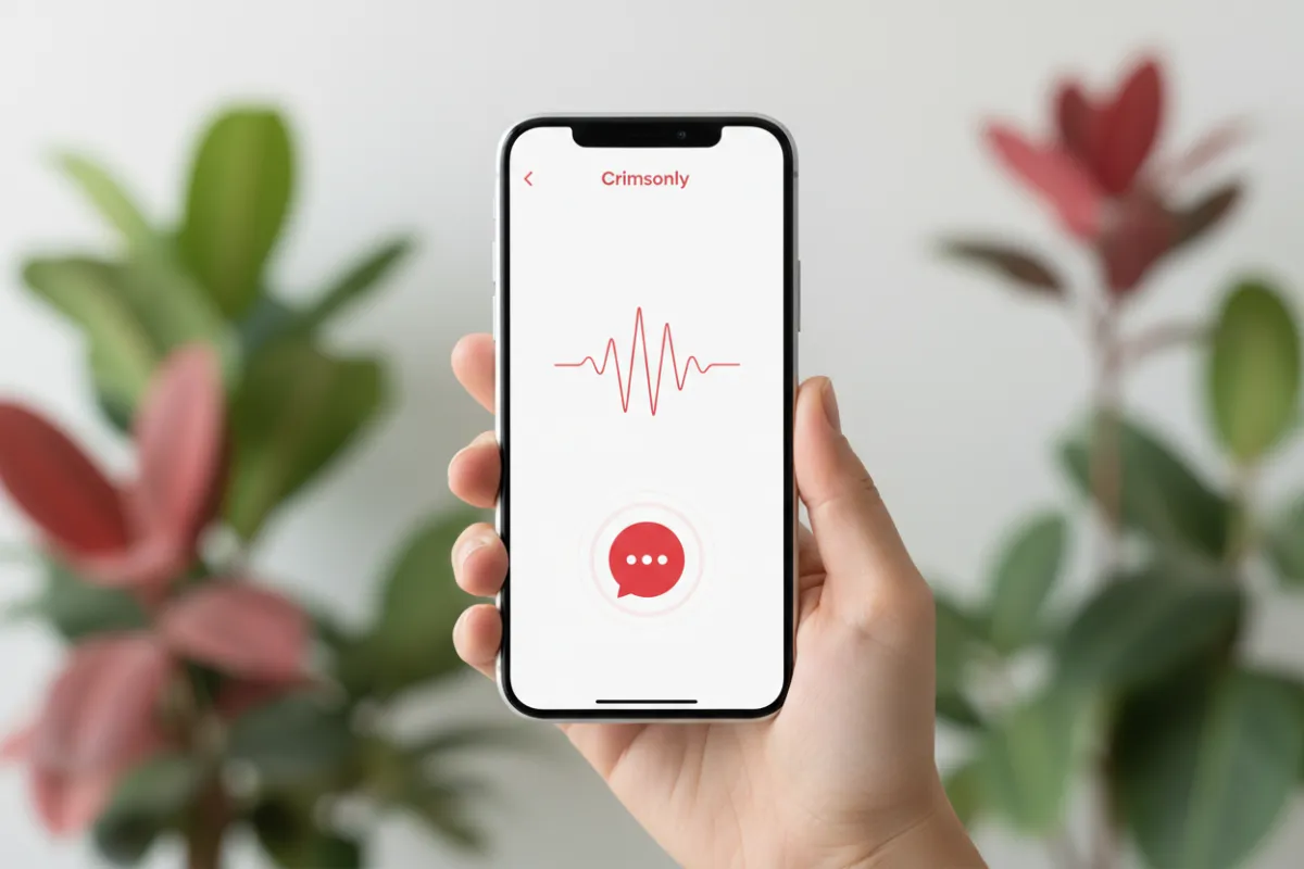 Mobile mockup showing Crimsonly voice support active on a phone screen.