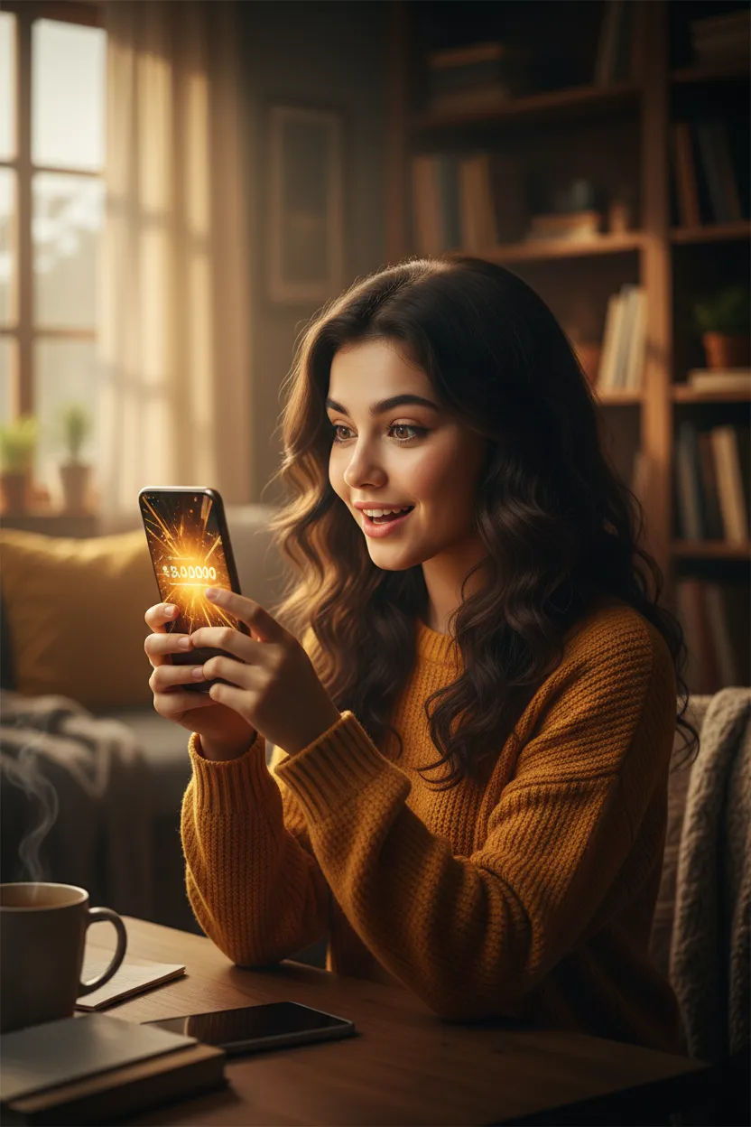 Student D holding phone showing payout notification