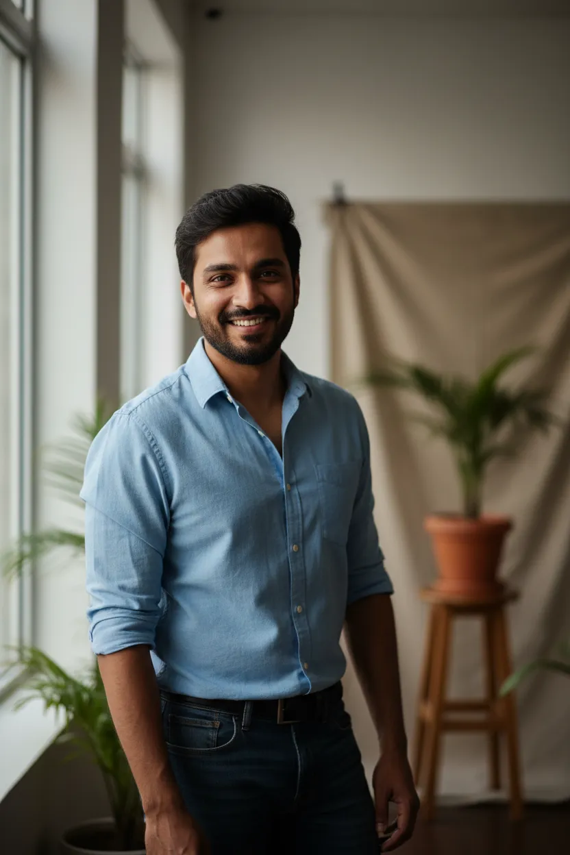 Portrait of Arjun Verma, founder of Launchly Academy, smiling in a bright studio