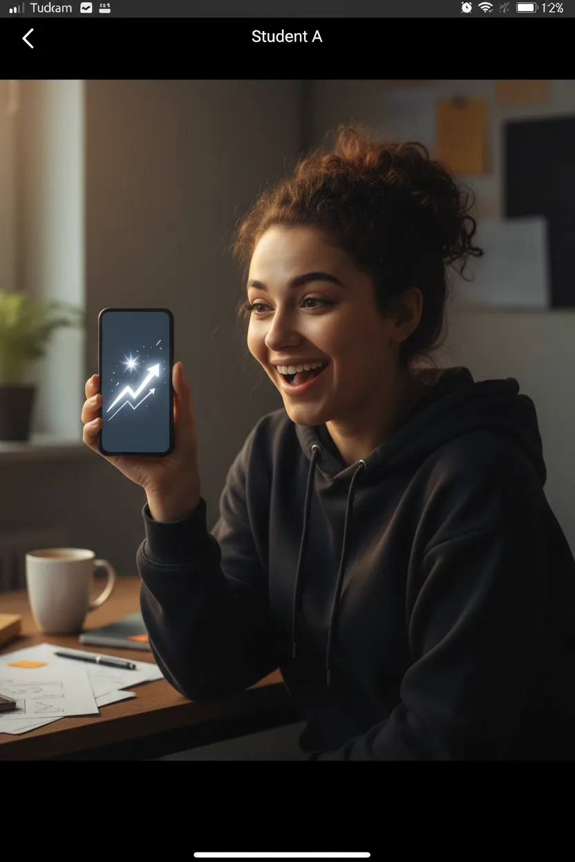 Student A celebrating first payout, candid mobile screenshot style