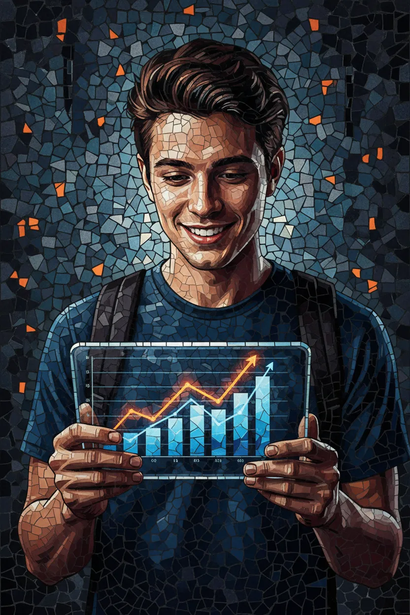 Student showing ad dashboard with upward trend, photorealistic 2:3 mosaic tile