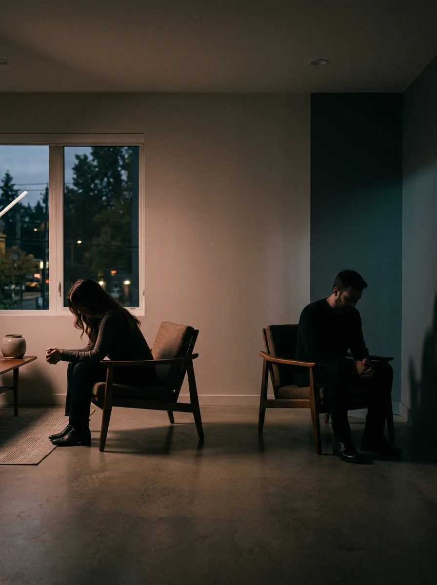A quiet, moody domestic setting showing the emotional space between two people