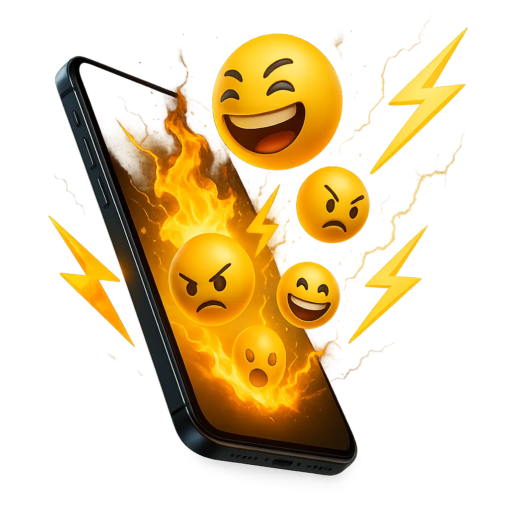 Dynamic glowing smartphone with emojis and lightning