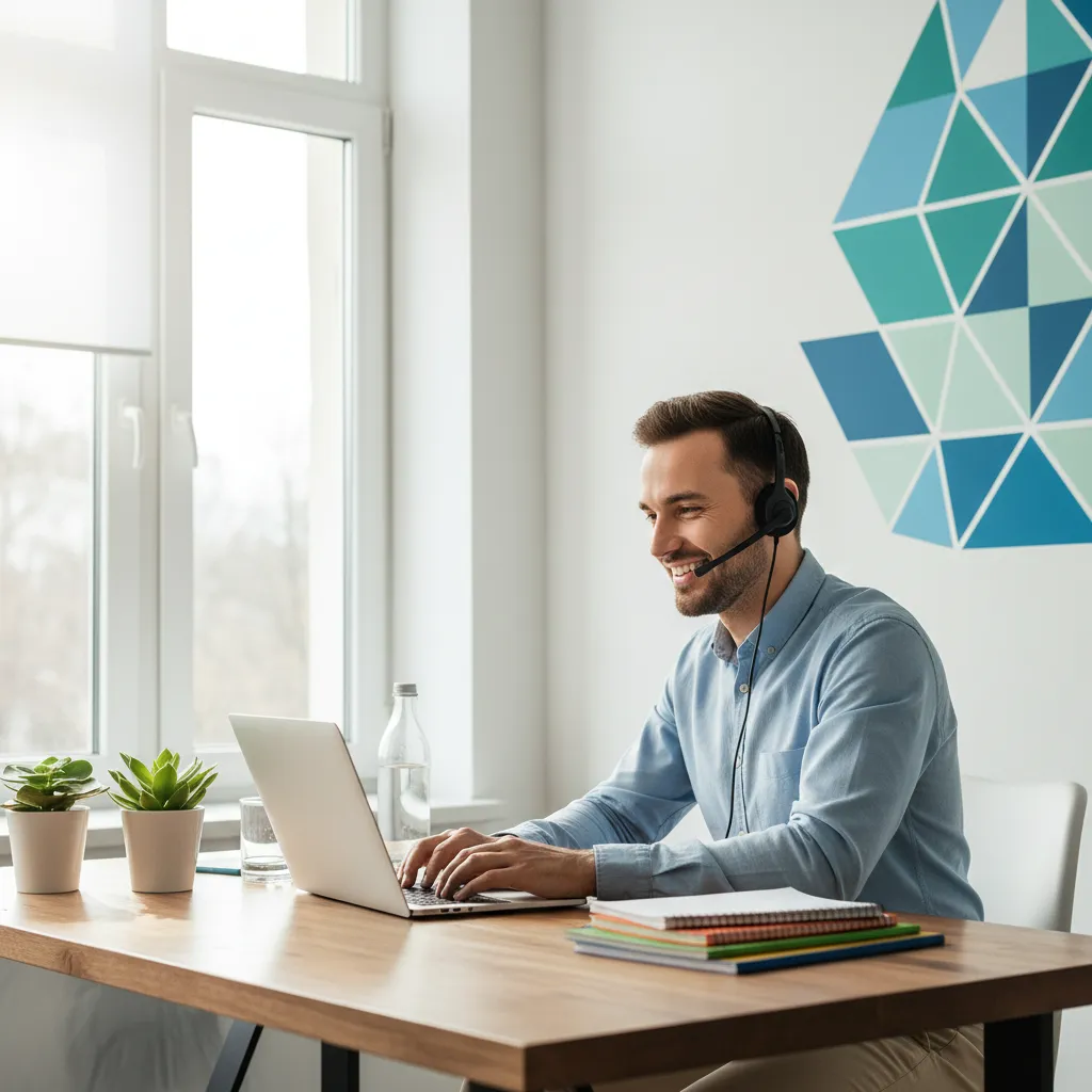 A cheerful man in his late 20s, sitting at a desk with a headset, typing on a laptop in a bright workspace. The scene conveys approachability and readiness to assist MLM entrepreneurs with their inquiries.