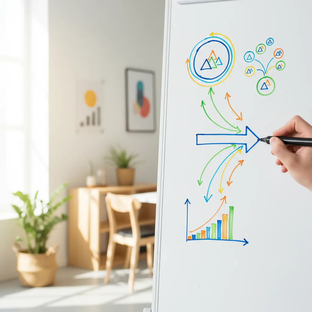 A close-up of a hand sketching a growth strategy on a whiteboard, with colorful arrows and charts. The setting is a creative workspace, symbolizing clarity and actionable planning for MLM entrepreneurs.