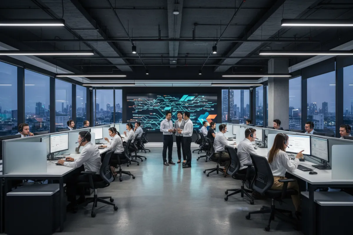 Modern call center with professional agents assisting network marketers, glass walls, digital displays, and a supportive team environment, 3:2 aspect ratio