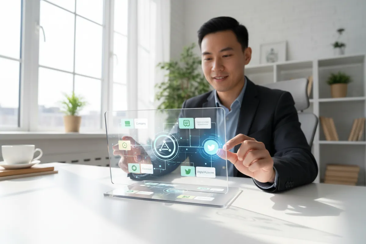 Network marketer connecting their company to a digital platform, simple drag-and-drop interface, bright workspace, 3:2 aspect ratio