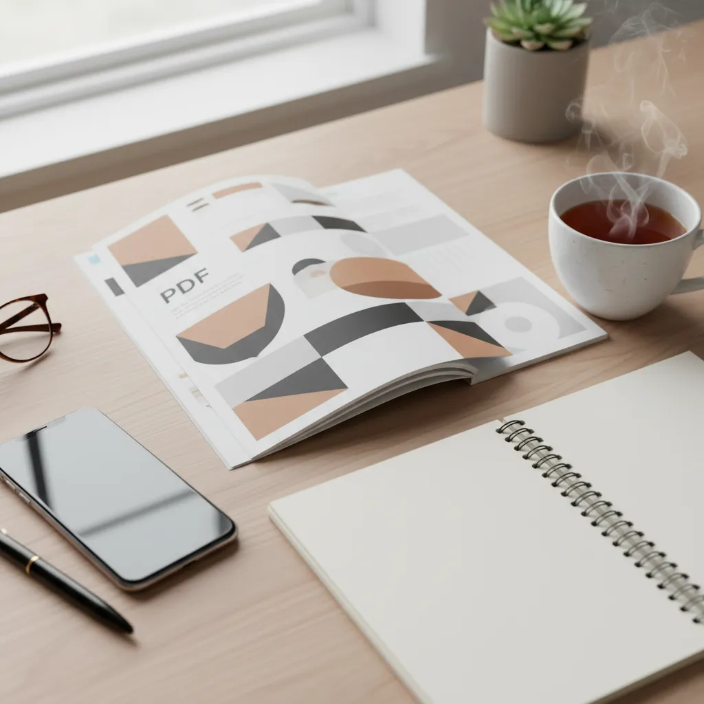 A flat lay of a printed PDF guide, smartphone, and notepad on a wooden desk, with a cup of tea and a pen, suggesting productivity and learning. Soft daylight, cozy and inviting.