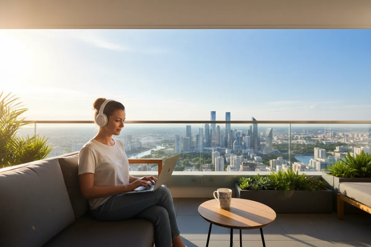 A young woman with a laptop and headphones, sitting on a balcony overlooking a city skyline, sunlight streaming in, working remotely with a coffee mug beside her. Modern, vibrant, and aspirational scene.