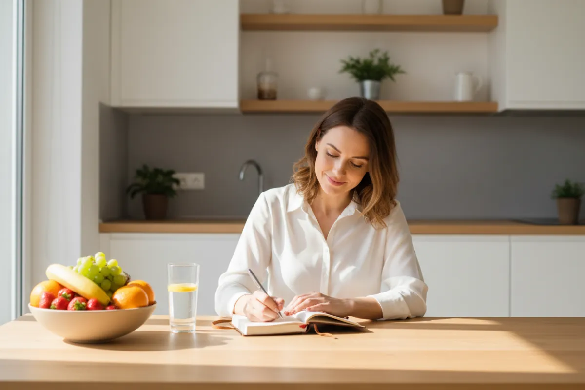 A confident woman in her 30s sits at a sunlit kitchen table, journaling with a gentle smile, surrounded by fresh fruit and a glass of water. The scene is bright, modern, and welcoming, evoking calm and empowerment.