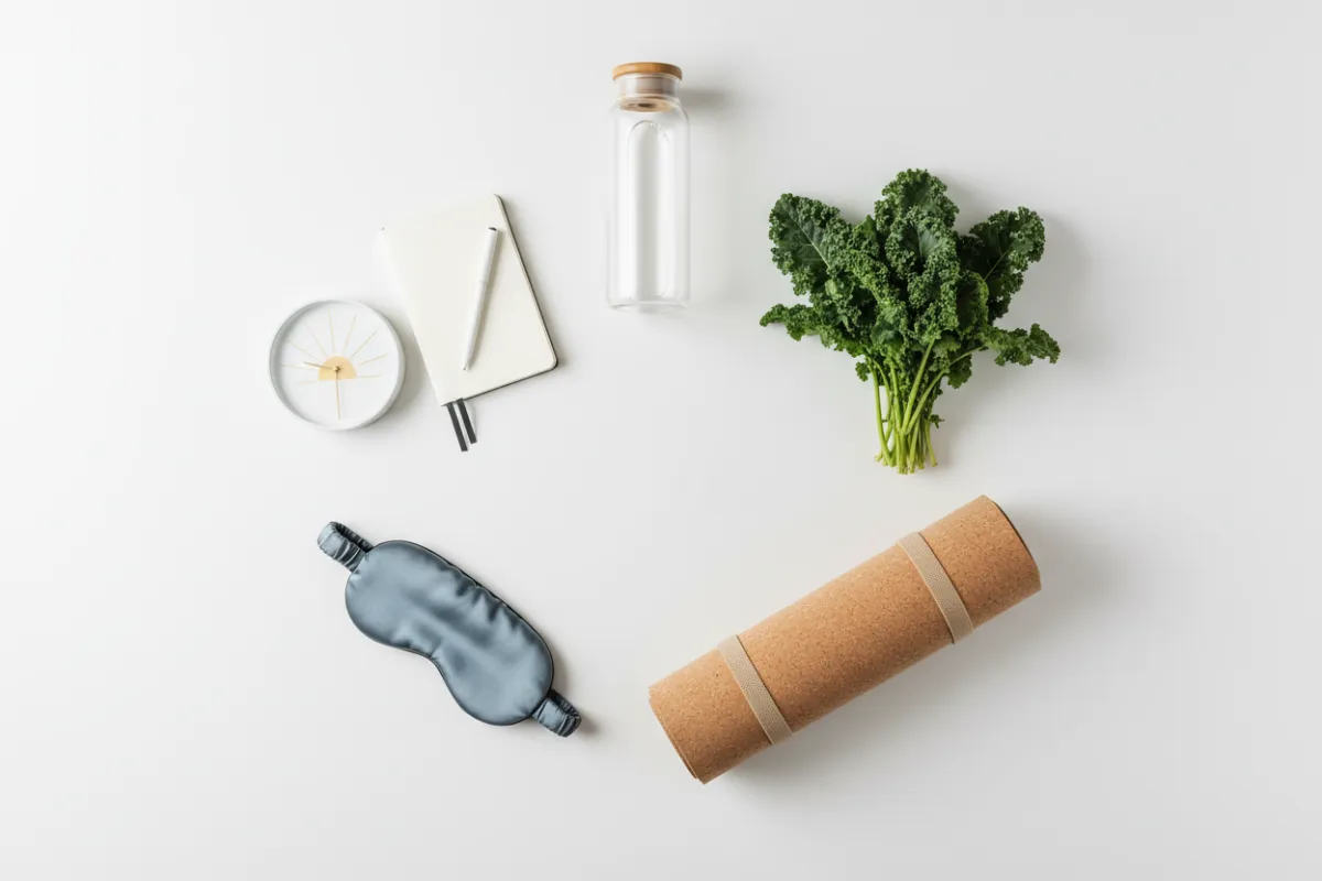 A creative flat lay of six distinct objects: a water bottle, leafy greens, a sleep mask, a yoga mat, a journal, and a clock, arranged in a circle on a white table. Each item represents a pillar of hormone health.