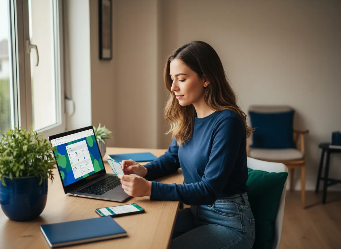 Opositora joven estudiando con portátil y tarjetas Anki