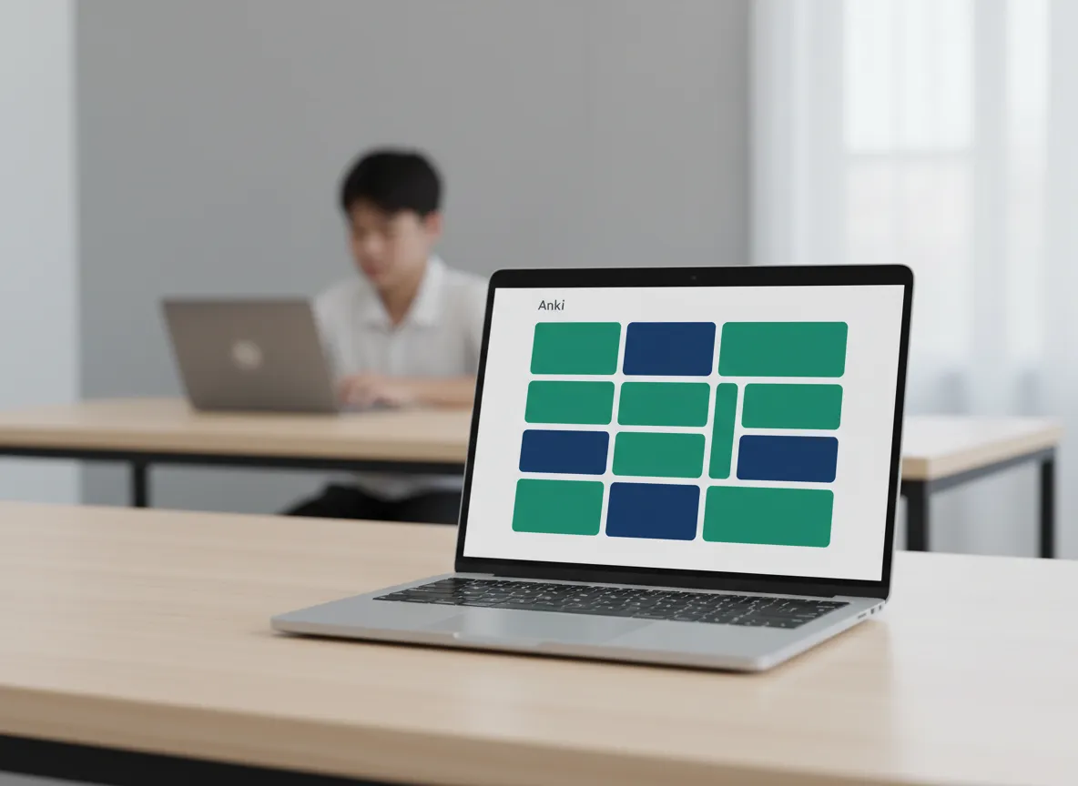 Estudiante preparando oposiciones con tarjetas Anki en un portátil