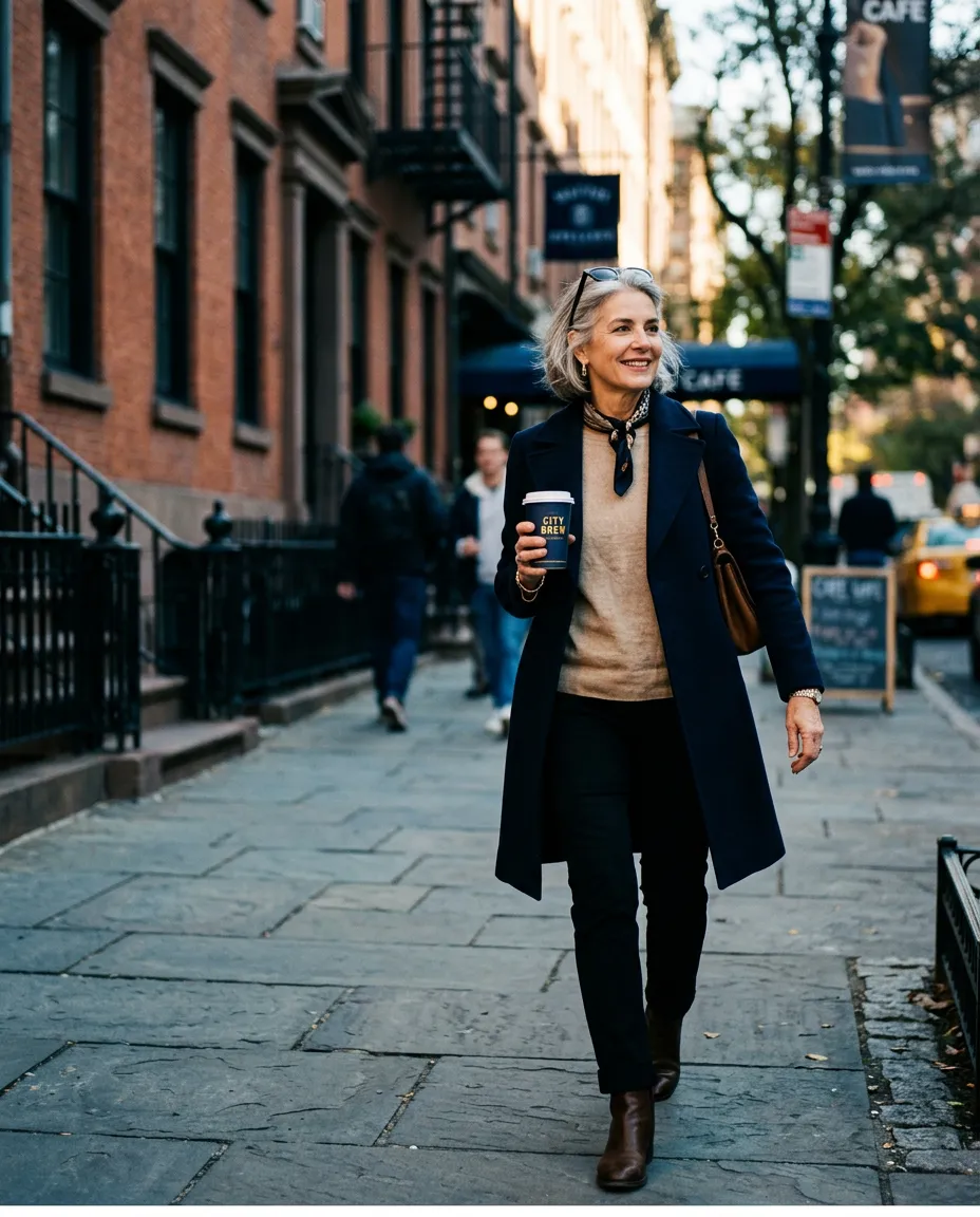 Candid editorial photograph of an accomplished mature woman walking along a sunlit city avenue holding a coffee, engaged and present in everyday life.