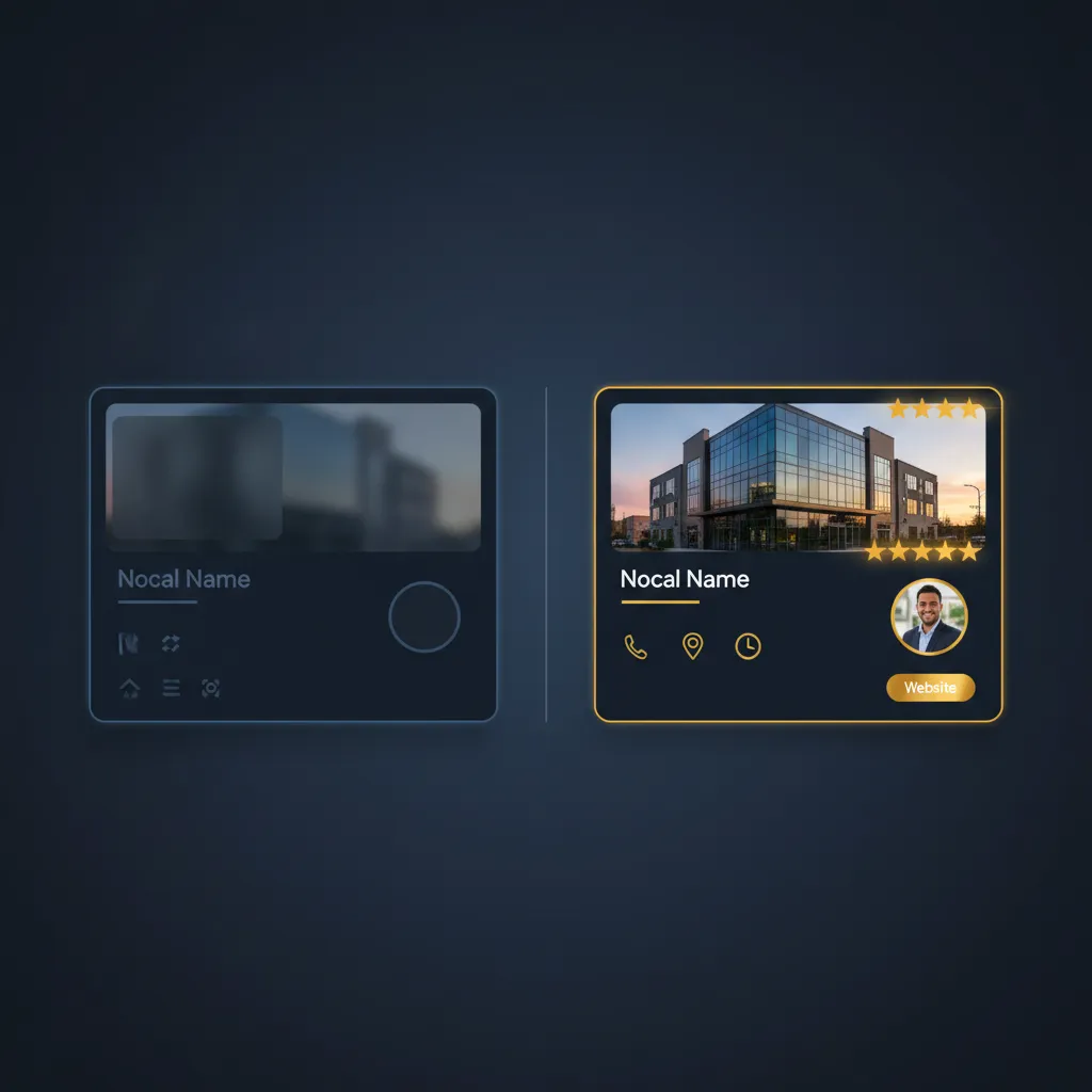 Sleek 'before/after' visual narrative of a local search scenario, professional high-context photography with subtle navy color-grade overlay