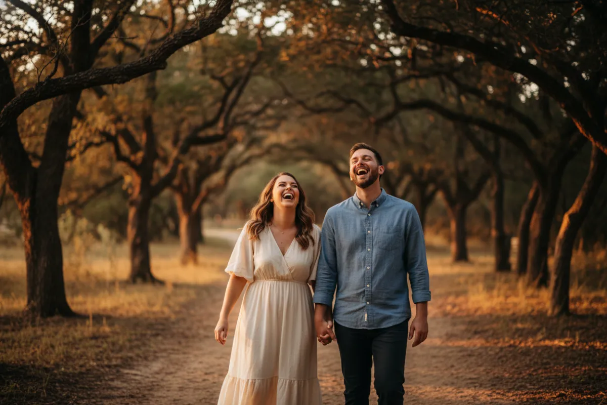 Flower Mound, Texas couple laughing on a trail