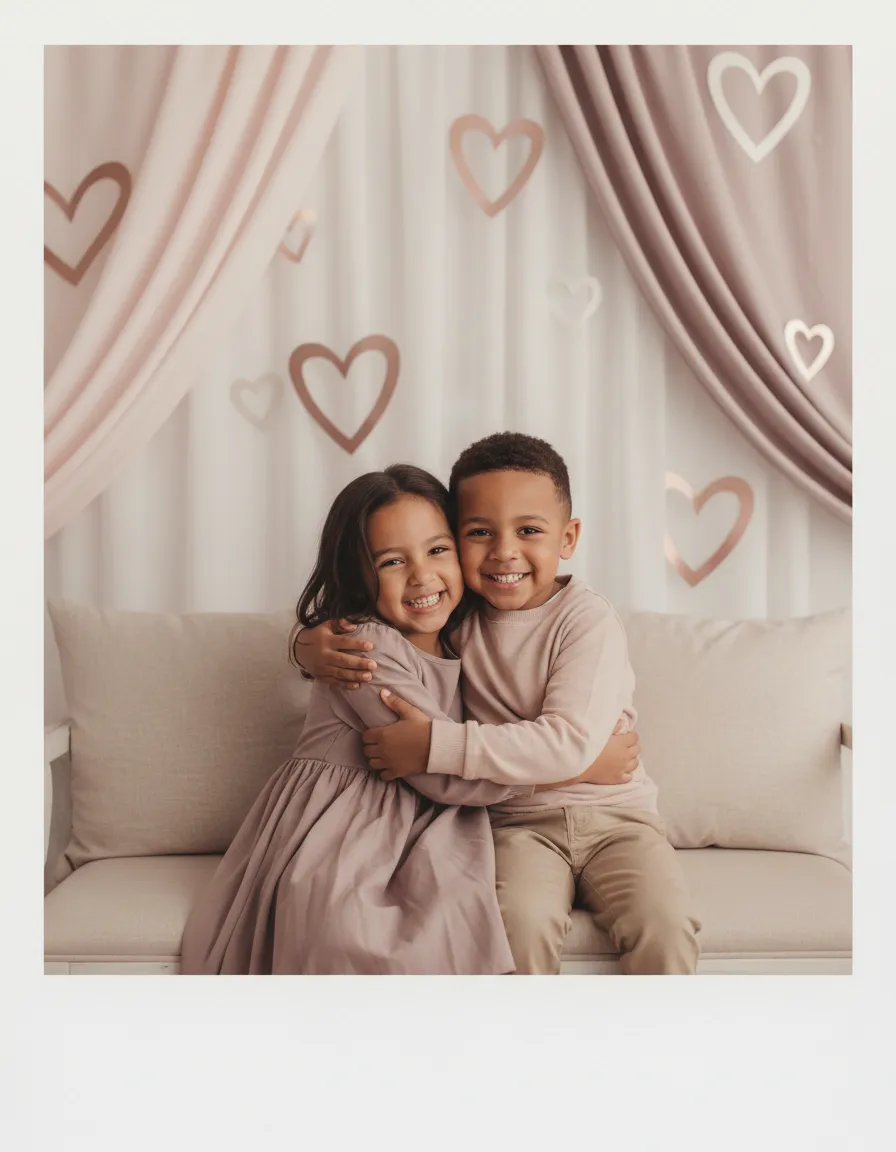 Sibling or family Valentine session photo in polaroid frame