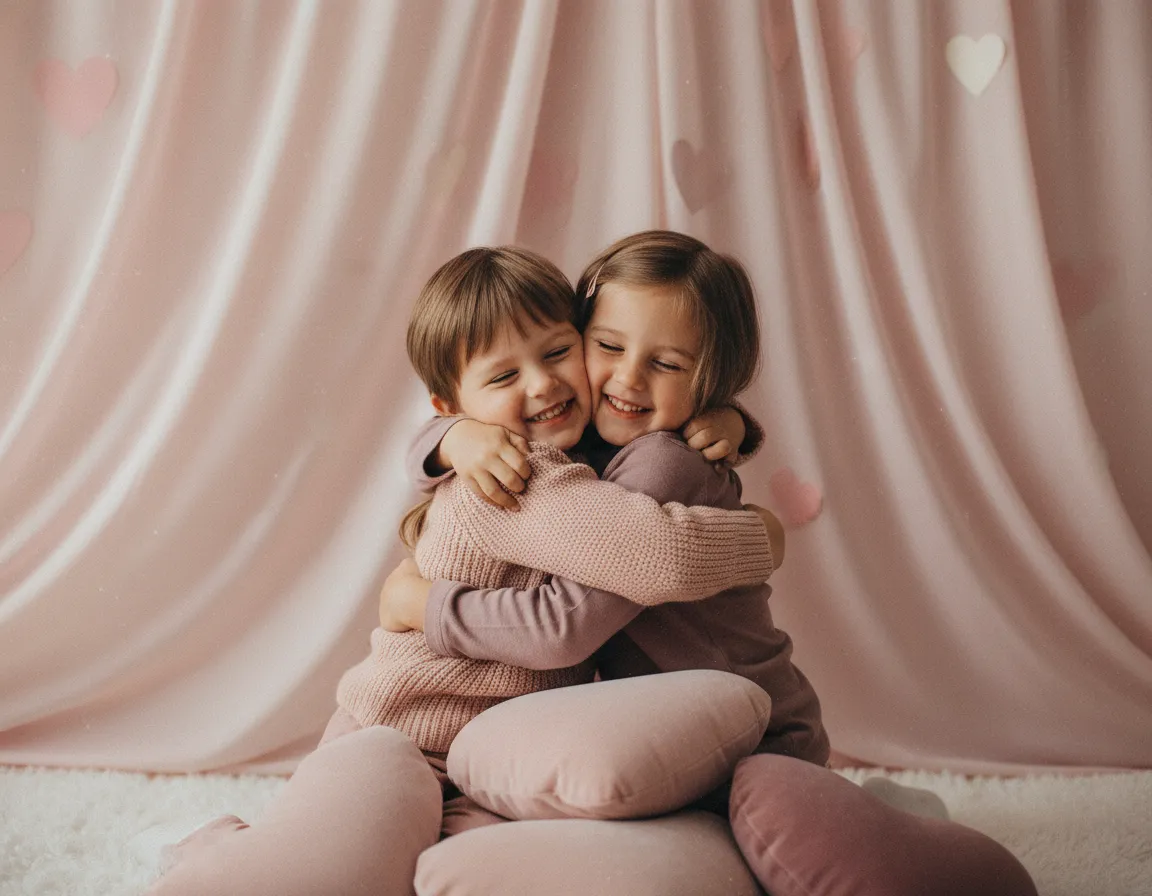 Siblings hugging in Valentine themed studio backdrop