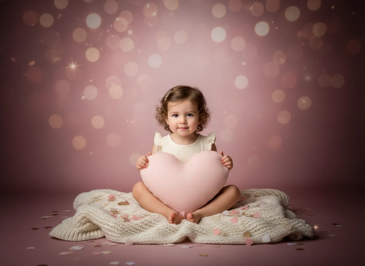 Child holding a heart prop in soft Valentine setup
