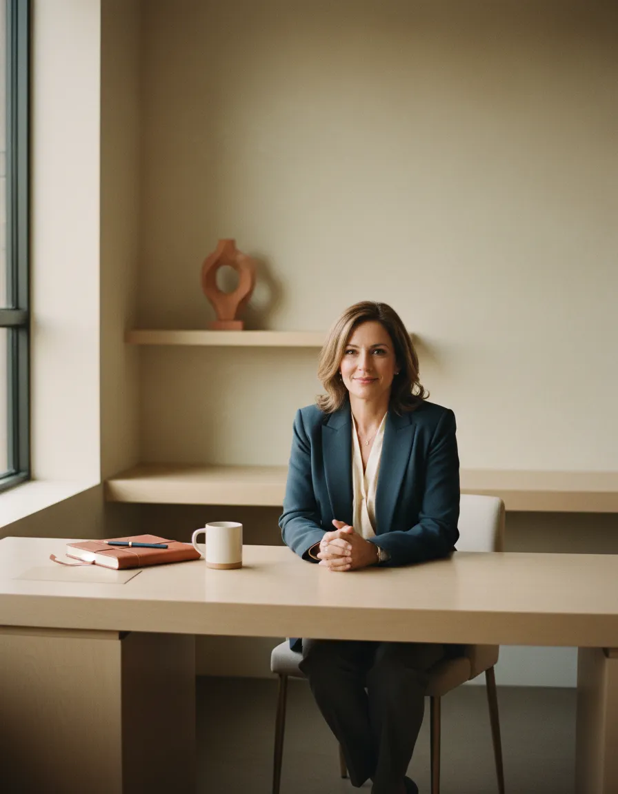 Coach in a warm-toned workspace