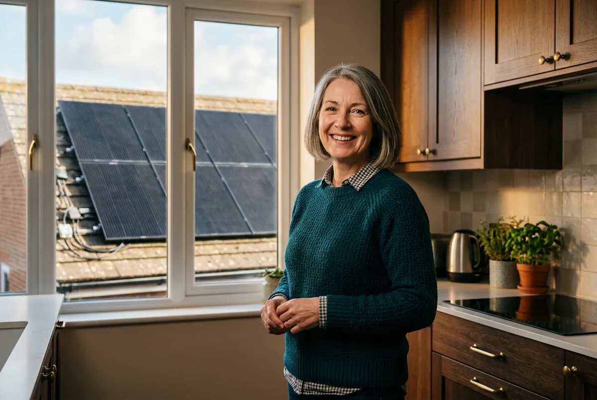 Satisfied British homeowner smiling proudly in front of modern residential rooftop solar installation