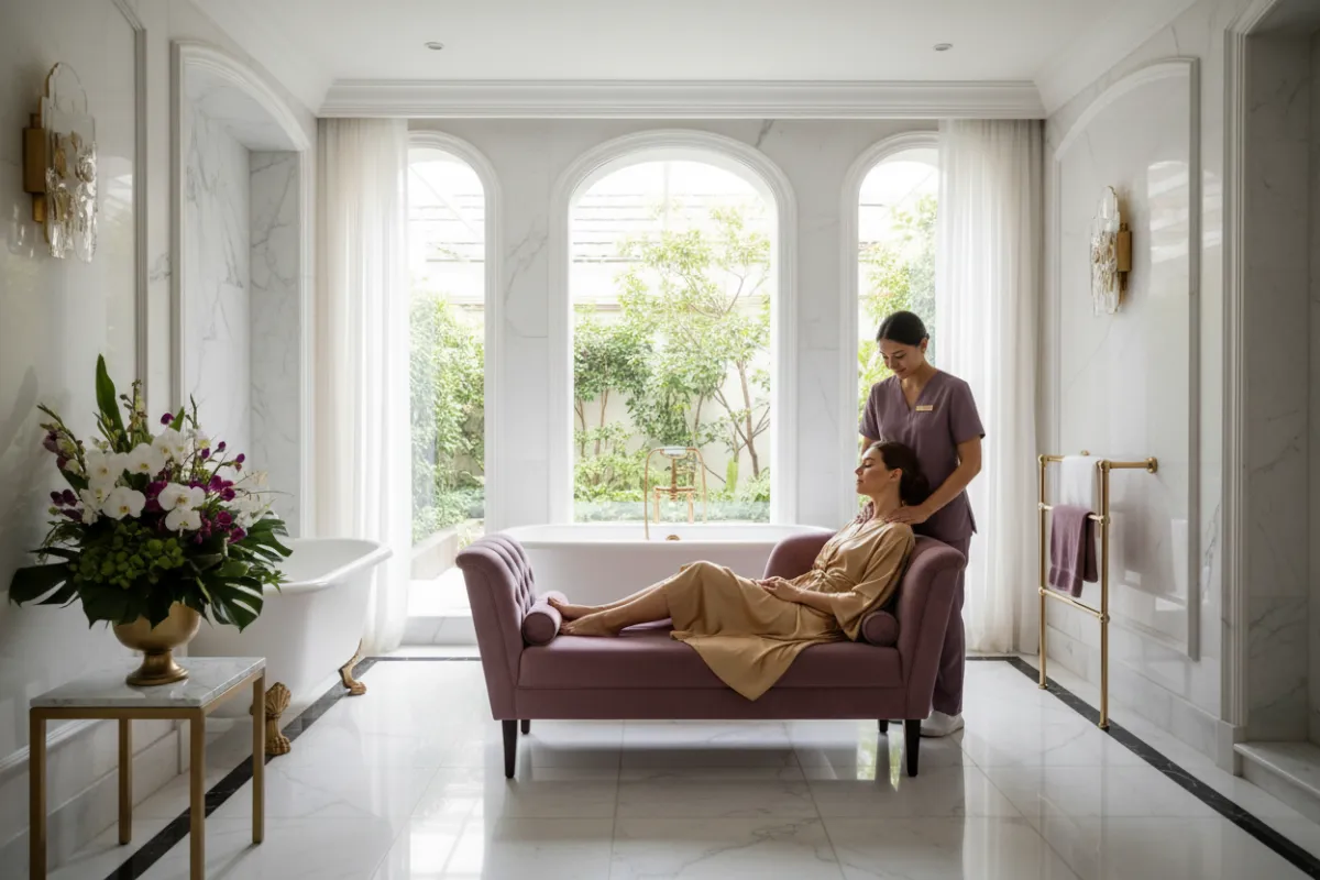 Elegant spa suite with natural light, marble accents, and a serene atmosphere. A woman in a silk robe reclines on a plush chaise, attended by a wellness professional. The setting exudes exclusivity and tranquility, with gold and plum tones, and a subtle floral arrangement. Photorealistic, 3:2 aspect.