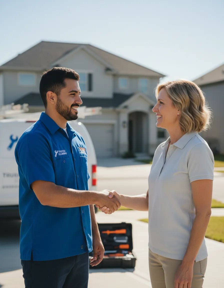 Hispanic plumber shaking hands with a homeowner at a residential job site