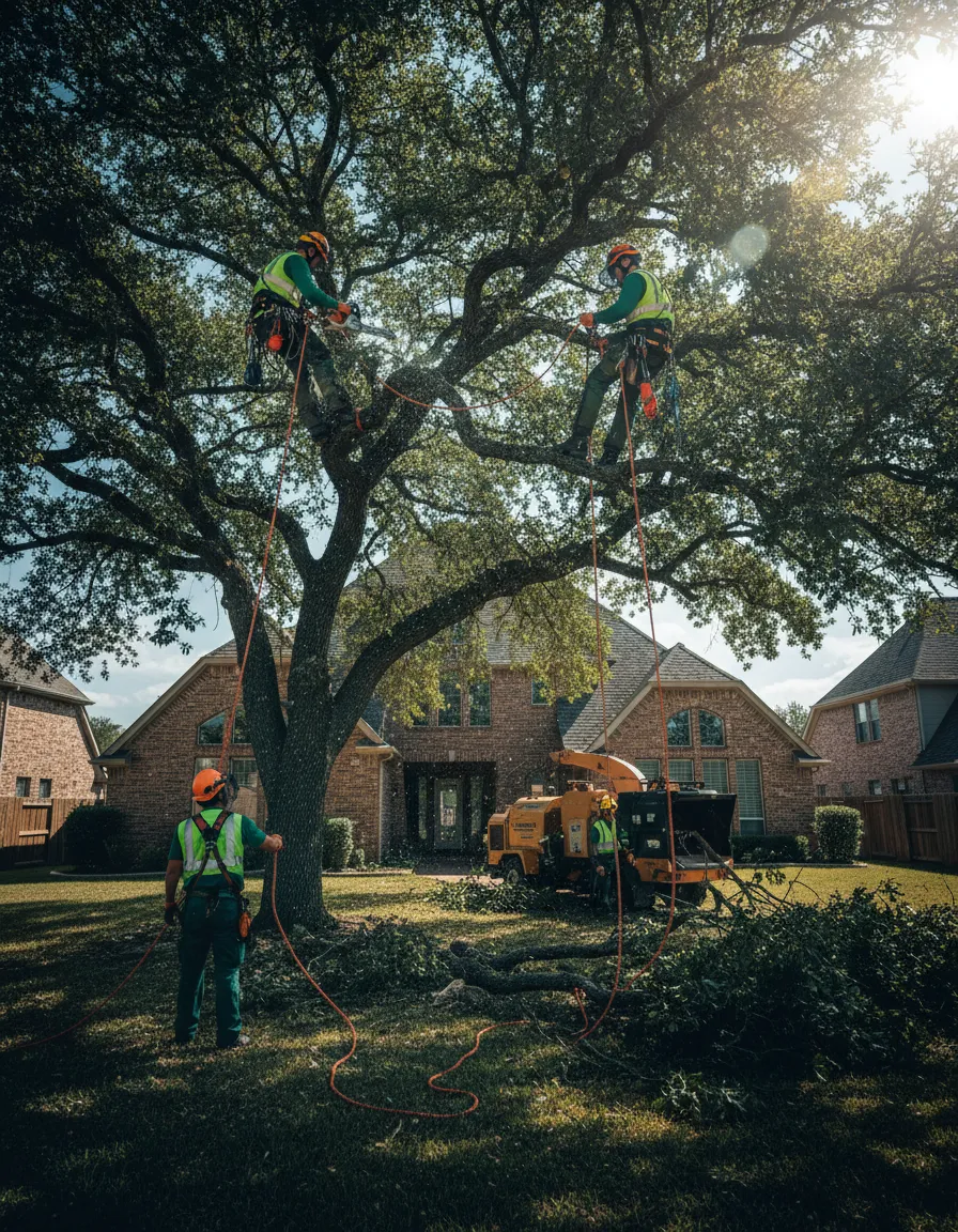 Tree crew working at heights on a residential job site in Dallas Fort Worth