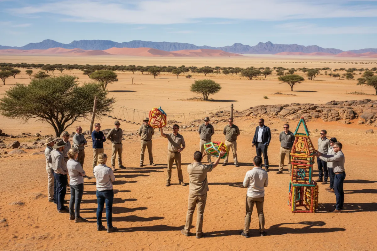 A professional facilitator leading an interactive outdoor workshop with executives, using creative props and engaging activities, set against Namibia’s scenic backdrop, captured in a crisp, editorial style. 3:2 aspect ratio.