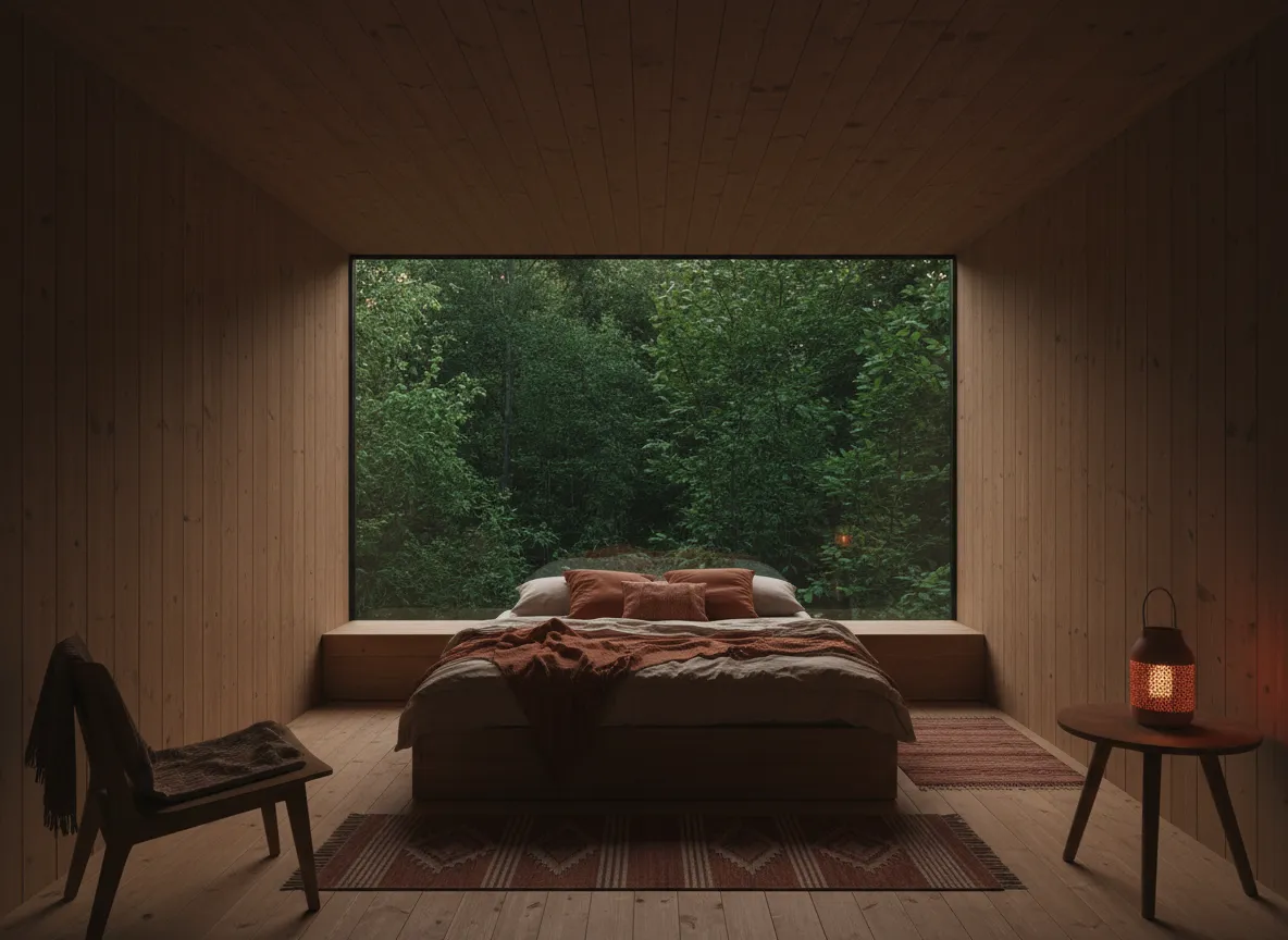 A minimalist cabin interior framed by deep forest views