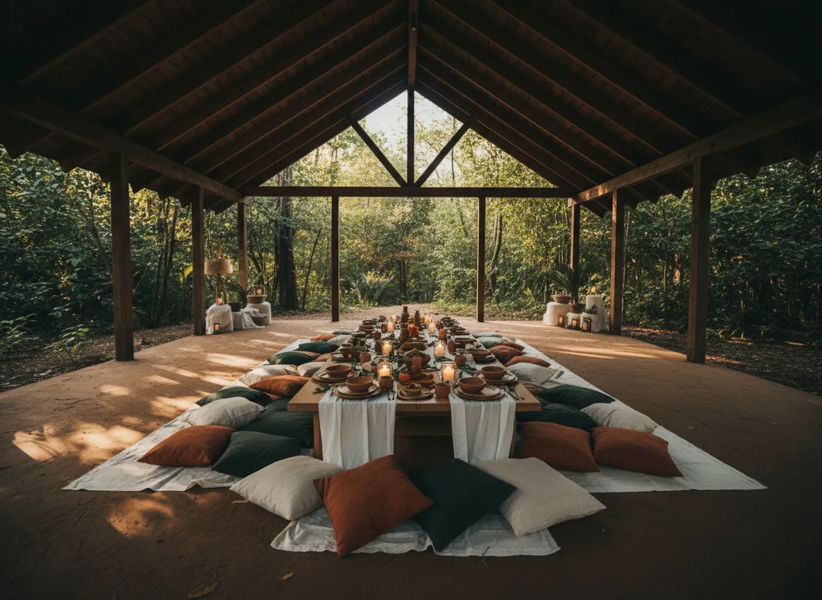 A communal gathering space lit by soft candlelight and natural light