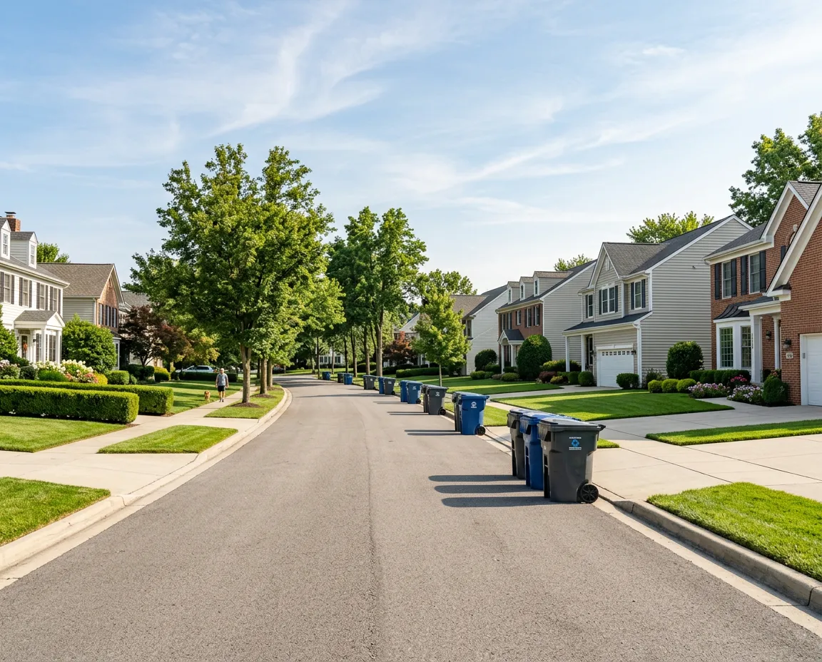 Clean, immaculate neighborhood street with spotless curb appeal and tidy bins
