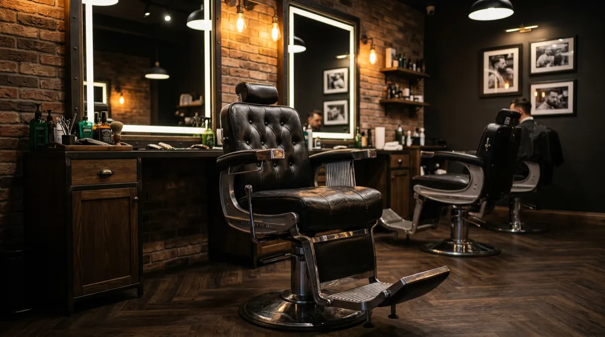 A classic black leather barber chair in a stylish, dimly lit barbershop.