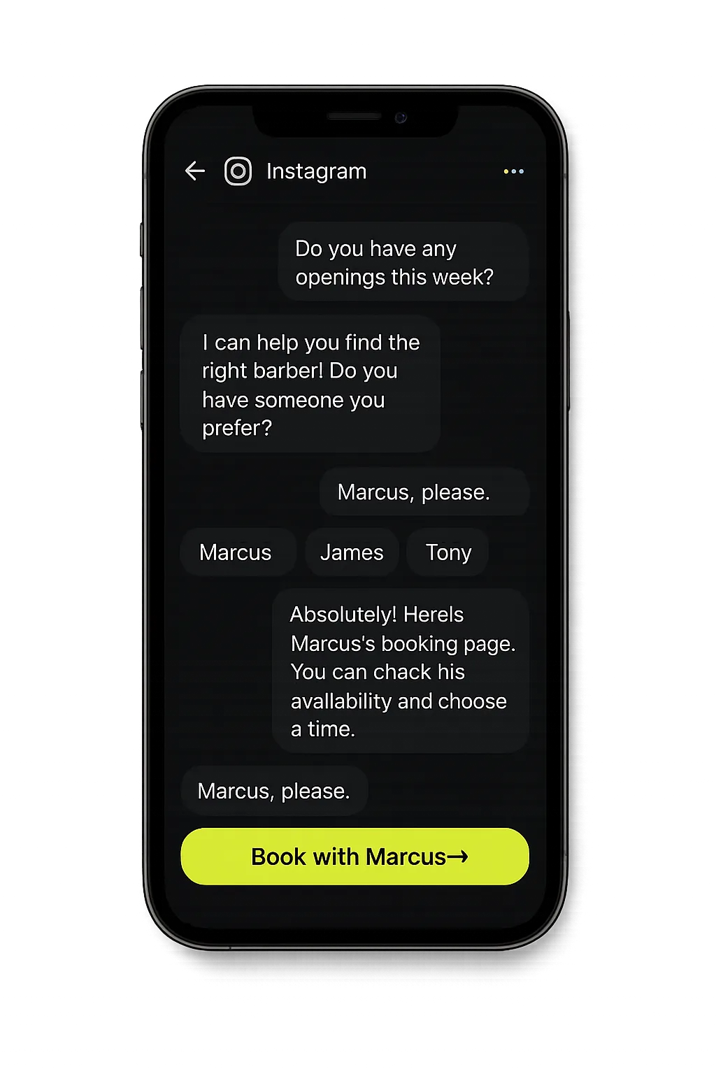 Black smartphone cutout showing an Instagram DM demo conversation in dark mode with a lime-green booking button
