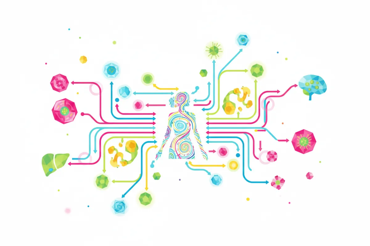 Illustration colorée d’un schéma métabolique féminin, mettant en avant des micronutriments, des cellules actives, et des couleurs vives, style infographie moderne, ambiance scientifique et optimiste.