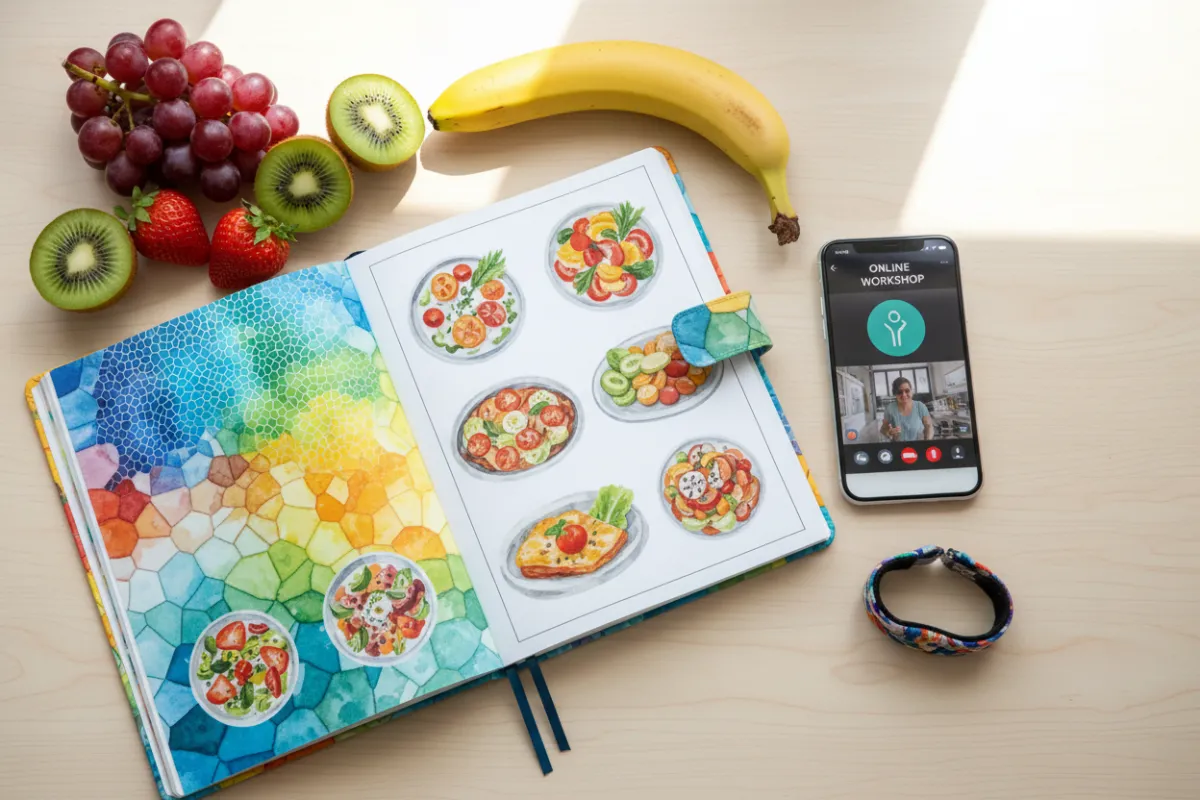 Photo d’un carnet de recettes coloré, ouvert sur une table en bois clair, entouré de fruits frais, d’un smartphone affichant un atelier en ligne, et d’un bracelet de motivation. L’ambiance est lumineuse, inspirante, et évoque la diversité des bonus offerts par LivFit.