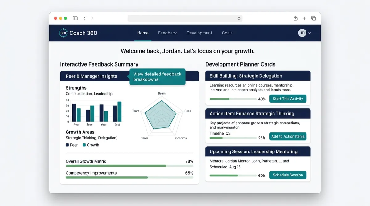 Coach 360 interactive feedback assessment and growth planner screen