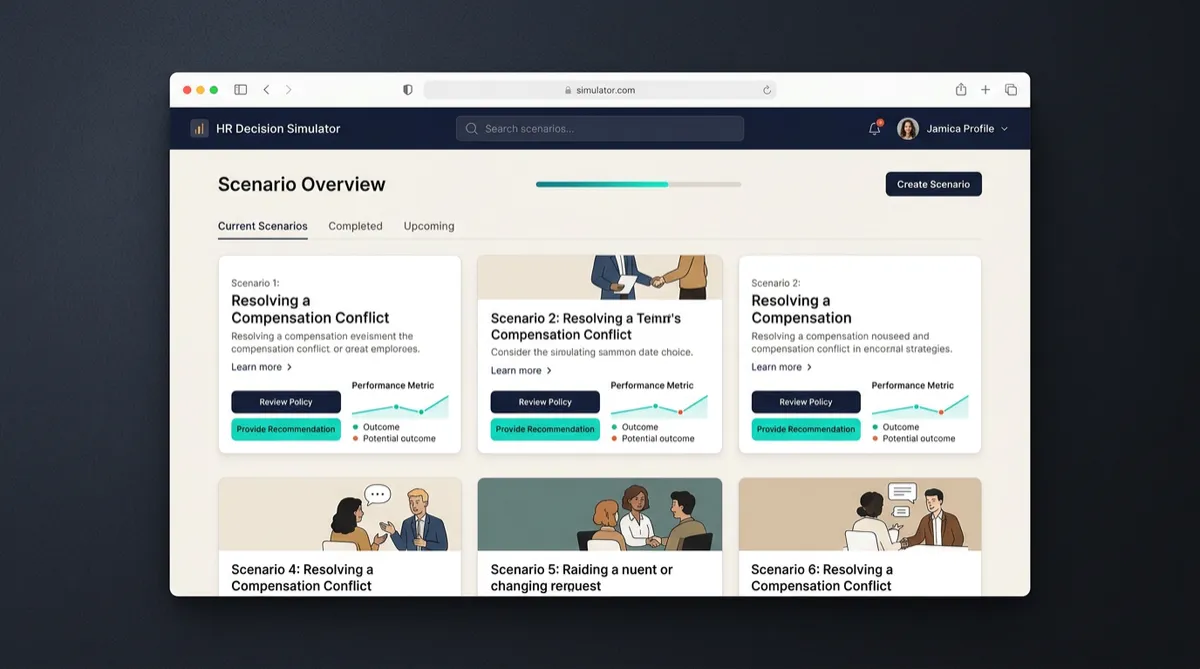 HR Decision Simulator dashboard screenshot and interactive workplace scenarios interface