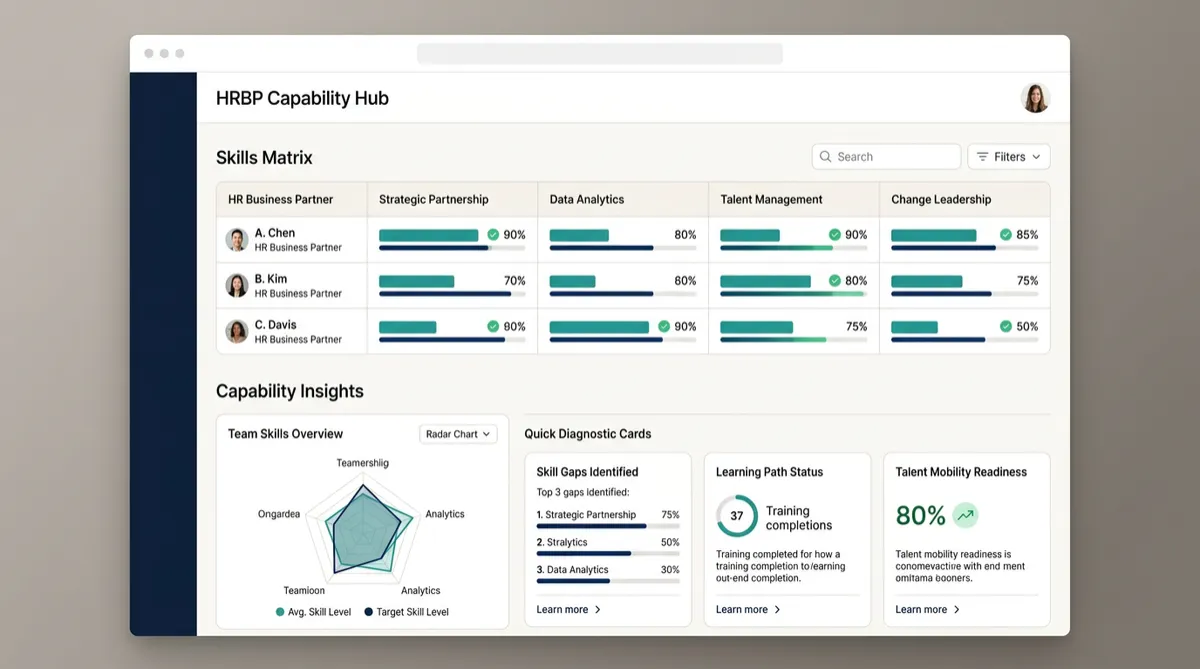 HRBP Capability Hub skills matrix and diagnostic dashboard preview